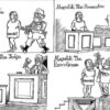 「マグフリ大統領が警察で、検事で、裁判官で、死刑執行人で」。政府命令により一時閉鎖に追い込まれたタンザニアで最も有名なオンラインフォーラム「Jamii Forums」に以前掲載された風刺漫画。被告の服には「民主主義」と書かれています。