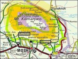 キリマンジャロ山周辺を示した地図で、参加したツアーが実施された マチャメ（Machame）およびマラングー（Marangu）の位置を黒枠で示した。 また、調査対象地であるテマ村の位置は黒星印で示した。