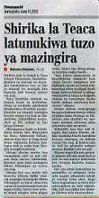 ＴＥＡＣＡがタンザニアの最優秀環境ＮＧＯに選出されたことを報じるタンザニアの新聞"Mwananchi"（2012年6月11日）